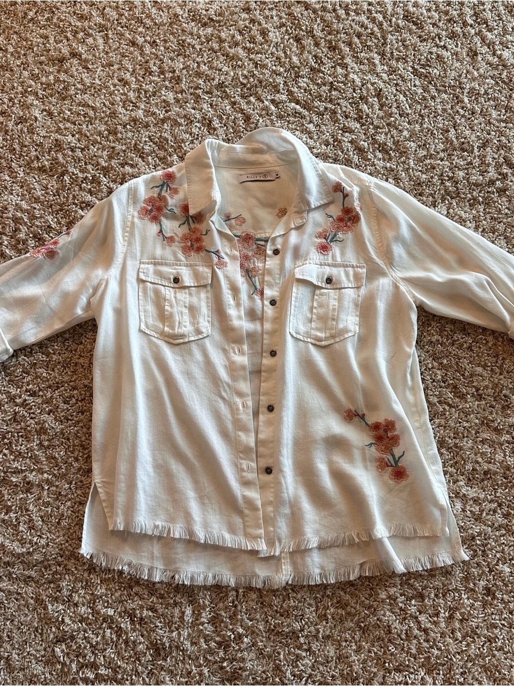 Embroidered White Button-Front Women's Blouse with Frayed Hem